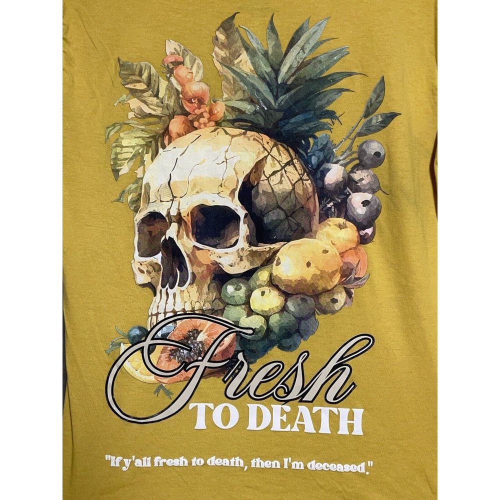 GSTR T-Shirt Men's L‎ Yellow Fresh To Death Graphic Casual Fruits Skull Outdoor